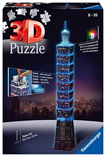 Ravensburger 3D Puzzle 11149 - Taipei 101 Night Edition - leuchtet im Dunkeln - das Financial Center und Wahrzeichen von Taipeh als LED beleuchtetes 3D Modell für Puzzlefans ab 8 Jahren
