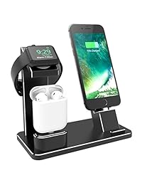 xunmej Apple Watch Cargador Dock airpods Soporte Aluminio 4 en 1 carga Dock Soporte para Apple Watch Series 2 1, airpods, 7 7 Plus 6S iPhone iPad, última intervensión de dos cables de carga, Negro