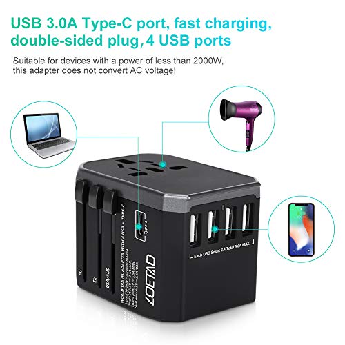 LOETAD Travel Power Adapter Universal All in One Wall Charger International AC Power Plug Adapter with 3.0 A Type C and 4 USB for UK USA EU AUS Asia