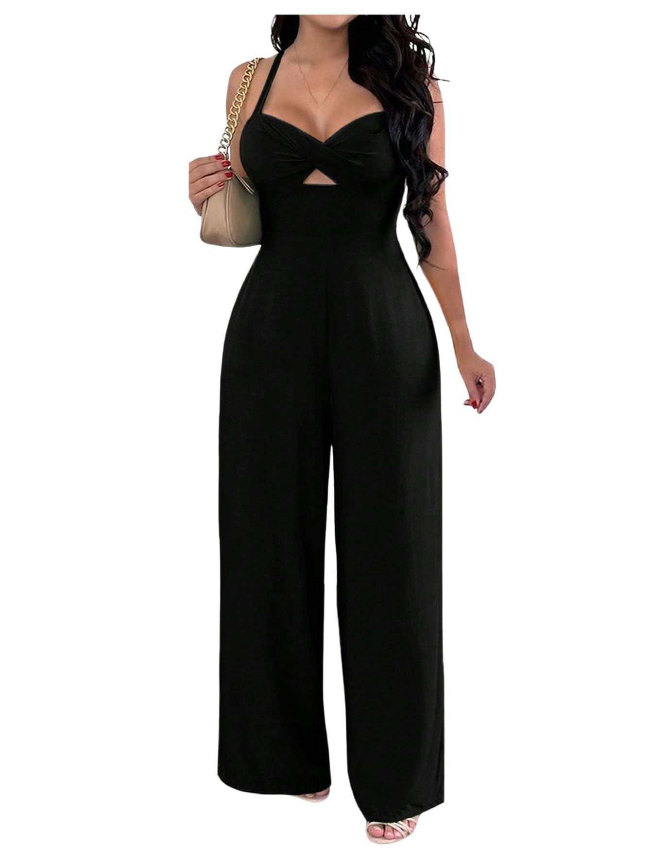 Photo 1 of WDIRARA Women's Cut Out Twist Front Criss Cross Tie Back Sleeveless Wide Leg Cami Jumpsuit Black Medium