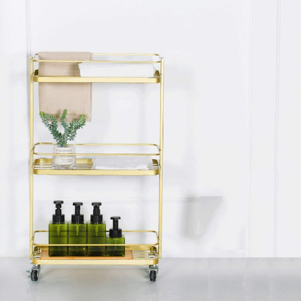WILL 3-Tier Moving Hollow Out Shelves, Narrow Storage Service Car, Metal Utility Push Cart,Nordic, Gold