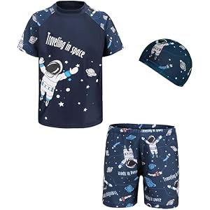 Boys Cartoon Crocodile Rash Guard Swim Set Quick Dry 3Pcs Kids Swimsuit with Swim Cap Beach Pool Swimwear (Space,4X-Large)