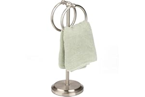 J&V TEXTILES Steel Towel Rack Holder Stand with 2 Hanging Rings for Bathroom Vanity Countertops - Space Saving Hand Towel Holder (Brushed Satin Nickel)