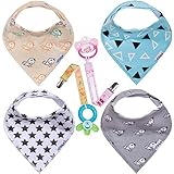 Bandana Bibs (4 Pack) With 2 FREE Pacifier Clips, 2016 Collection, Unisex, Baby Gift by Chicky Joy