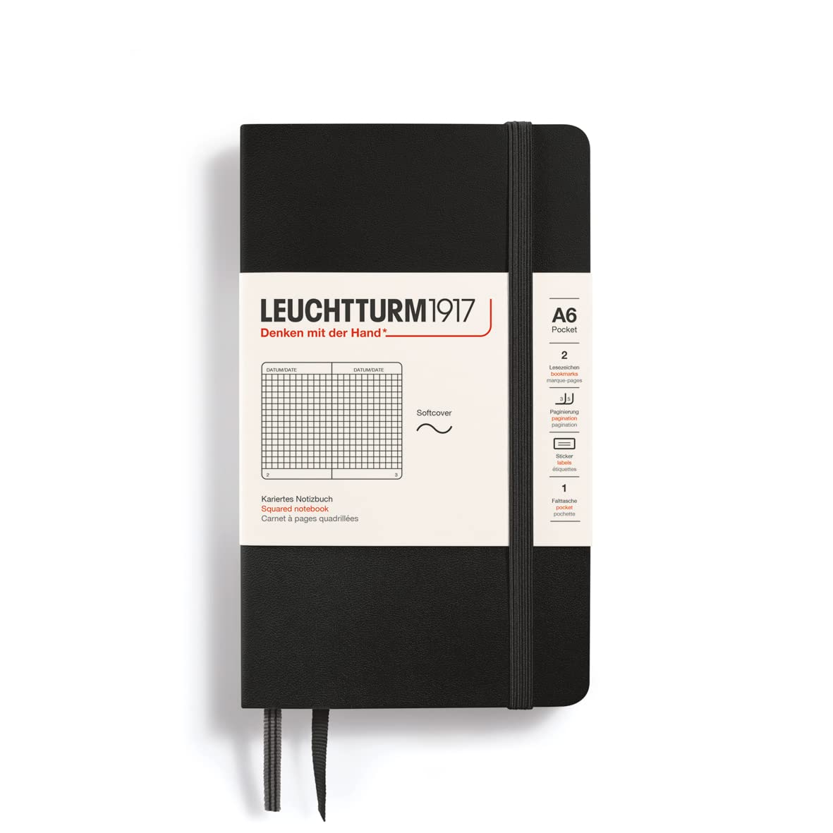 Leuchtturm 90mm x 150mm A6 Pocket Soft Cover Squared Notebook - Black โ image 1