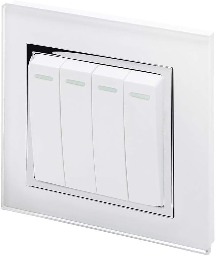 Retrotouch Crystal Quad Light Switch, White Chrome Trim, 2-Way, 10AX, White Glass