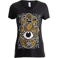 Hamsa Hand | Stylized Spiritual Protection Yoga Khamsa V-Neck T-Shirt for Women-(Vneck,L) Black