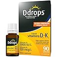 Ddrops Extra Strength 5000 IU Vitamin D3 + K2 90 Drops - Liquid Vitamin D3 & K2 (MK7) Supplement. Supporting Strong Bones, Immune System and Cardiovascular Health.