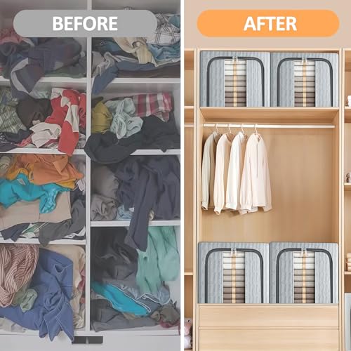 Resszo Lot of 2 Rigid Wardrobe Boxes 66L, 50x40x33CM Clothes Boxes with Metal Frame, Oxford & Double Window/Zip, Space Saving Closet Containers, Grey
