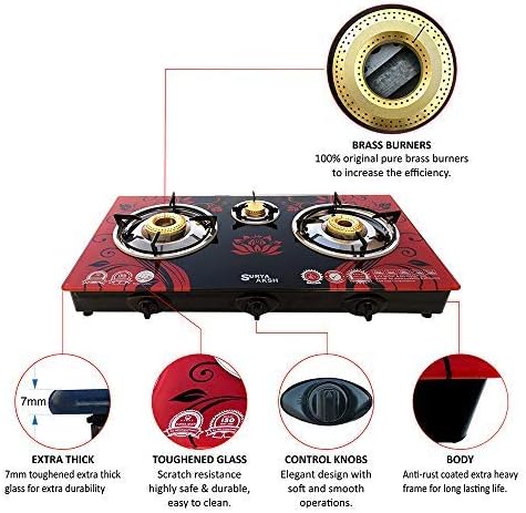 ACTIVA Surya AKSH AUTO Ignition TOP Glass 3 Burner Gas Stove (RED)