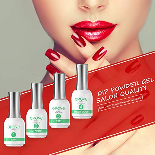 Opove Dipping Liquid Set is the perfect solution for people who don't want to use UV/LED lamps for drying their nails. This set includes Base, Top, Activator, and Brush saver, and no color powders are included. The best part of this dipping system is that it dries fast, and you won't need any lamps, saving you 50% of your nail art time. The upgraded formula has larger volume and decreases the air-drying time by 50%, making the process even faster. 