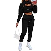 Women's Sexy 3 Piece Tracksuits - Long Sleeve Pullover Crop Top Hoodie +Tank Top+Drawstring Long Pants Sweatsuit