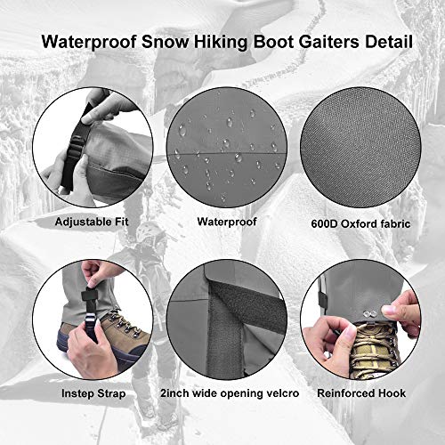 Leanking Leg Gaiters, Waterproof Snow Boot Gaiters 600D Anti-Tear Oxford Fabric Outdoor Waterproof Snow Leg Gaiters for Outdoor Hiking Walking Hunting Climbing Mountain (Gray, S)