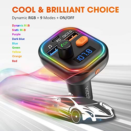 VicTsing Bluetooth FM Transmitter for Car, 41W PD & QC3.0, Car Radio Audio Adapter, RGB Backlight/Deep Bass/ BT5.0, U Disk/TF Card Music Play, Hands-free Support Siri Google-Assistant