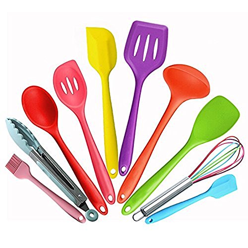 Colorful Kitchen Cooking Silicone Utensil Sets- Heat Resistant Kitchen Gadgets (10 Pieces) Includes Turner Slotted Spoon Ladle Spoon Spoon Spatula Spoonula Spatula Basting Brush Tong Whisk