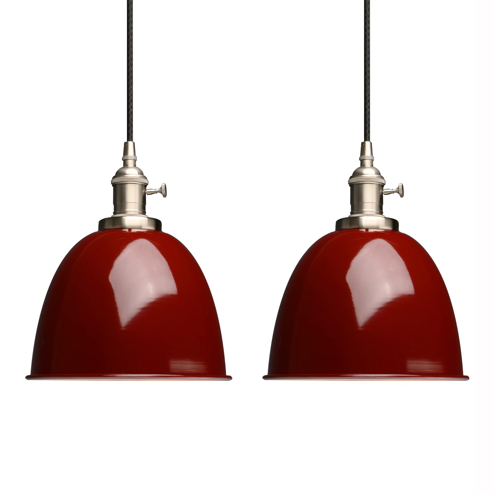 Phansthy Set of 2 Vintage Pendant Light with Switch Metal Dome Lampshade Hanging Lamps Ceiling Fitting Light Fixtures E27 Bulbs Brushed Steel Head Finish (Red)