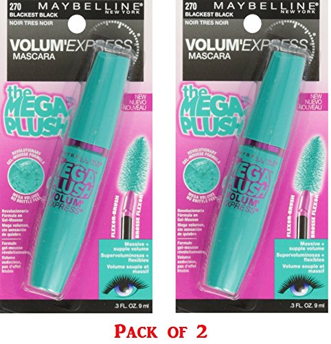 Maybelline Volum' Express The MegaPlush Washable Mascara, Blackest Black [270], 0.3 oz (Pack of 2)