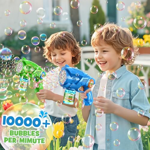 Nicmore 2 Electric Bubble Gun Children: Bubble Machine with 2 Soap Bubbles Refill Solution & LED Light One Button Start & Leak-Proof Bubble Gun for Outdoor Party (3+ Years)