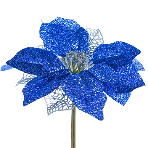 JOHOUSE 16PCS Christmas Glitter Artificial Poinsettia Flowers, 9inches Artificial Christmas Flowers Christmas Flowers for Christmas Tree Wreaths Ornaments (Blue)