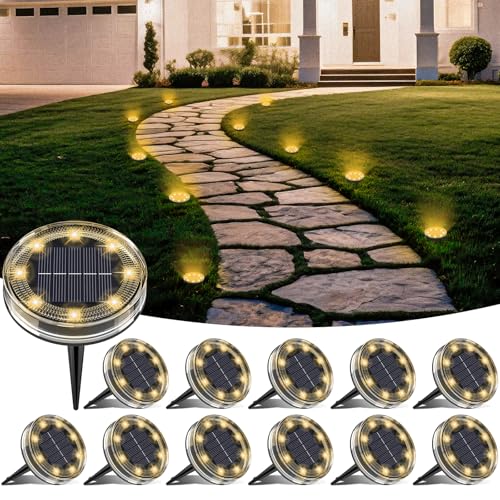 LOTMOS Pack of 12 Solar Ground Light, 8 LED Solar Outdoor Garden Light, IP68 Waterproof, Outdoor Solar Spotlight for Paths, Lawns, Patios, Driveways, Yards, Swimming Pools, Walkways, Warm White