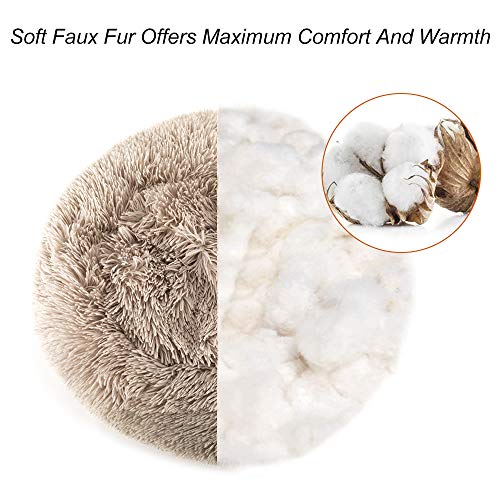 XIGRS Dog Calming Bed, Orthopedic Round Donut Cuddler Ultra Soft Plush Comfortable Cozy Sponge Cushion Bed with Non-Slip Bottom Furry Bed for Small Medium Pets Calm Sleeping (S-23.6INCH, Brown)