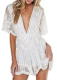Wicky LS Women's Sexy Short Sleeve Long Dress Low V-Neck Lace Romper (S, White-Short Style)