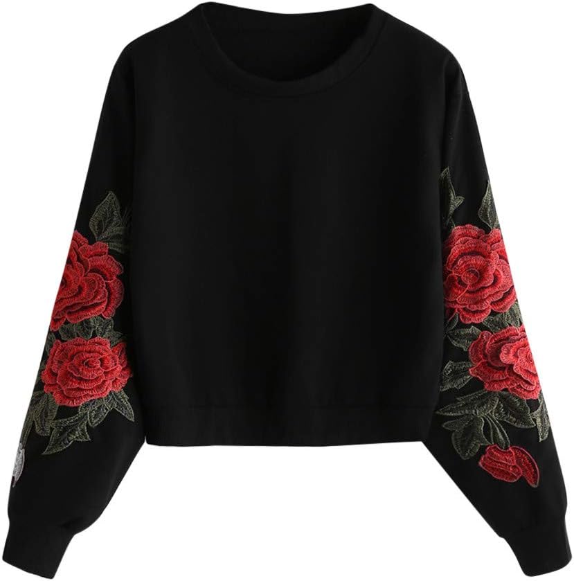 SEWORLD Ladies Sweatshirt Women Long Sleeve Rose Embroidery Applique Sweatshirt O-Neck Pullover Top Blouse