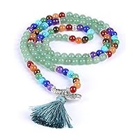 Natural Gemstone 6mm Beads Necklace and Bracelet- Meditation Beads Necklace with 7 Chakra Bracelet & Tree of Life -108 Buddhist Prayer Beads Chakra Necklace (Green Aventurine)