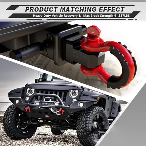 D Ring Shackle 3/4" (2 Pack), 41,887 lbs Break Strength, Clevis Shackle with 7/8" Screw Pin, Shackle Isolator Washers Kit for Tow Strap, Winch & Off-Road Vehicle Recovery, Red