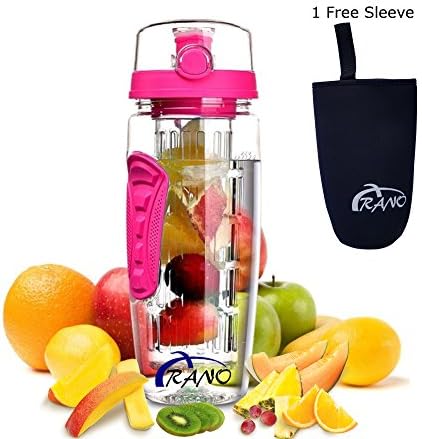 Arano 32 OZ BPA-Free Fruit Infuser Water Bottle, shatter and chemical-resistant Tritan with button flip-top and long infuser for daily hydration Gym Sports Camping uses, Water flavoring - Pink