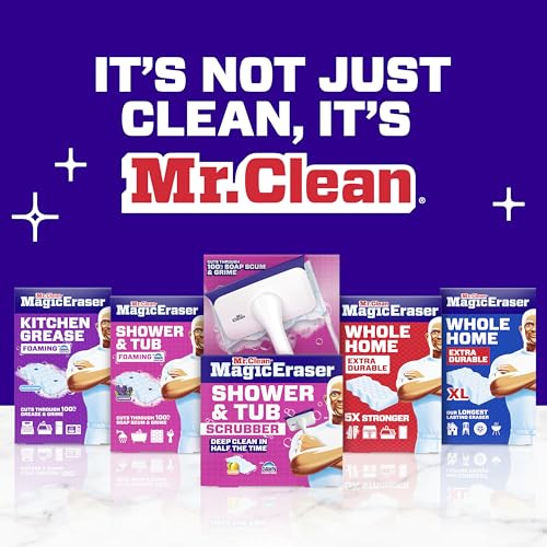 MR. CLEAN MAGIC ERASER SHOWER & TUB SCRUBBER, BATHROOM CLEANER, ALL IN ONE BATHROOM CLEANER, LEMON STARTER KIT, 1 SCRUBBER & 2 FOAMING MAGIC ERASERS