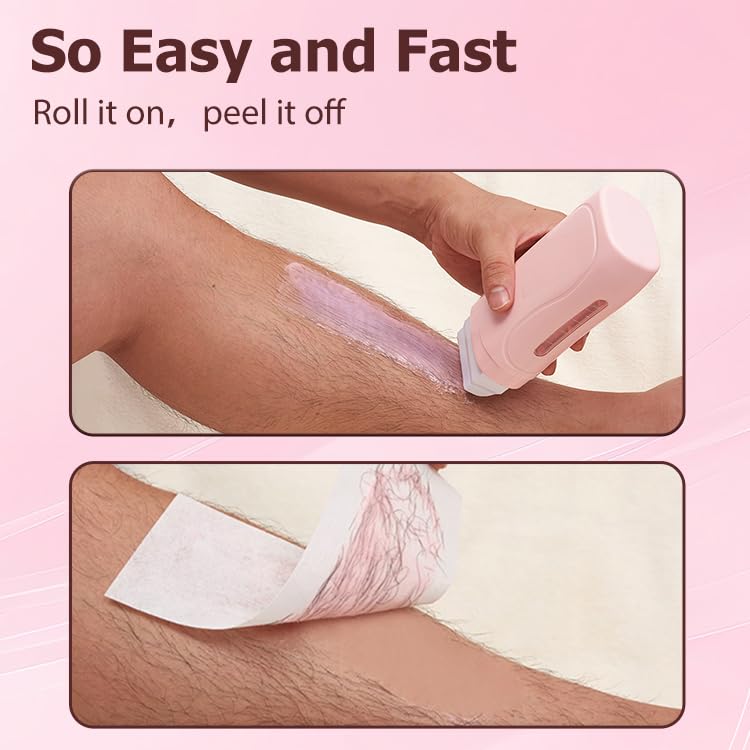 Roll on Wax Kit, Waxing Kit for Women and Men, Wax Roller Waxing Kit for All Skin Types, Roll on Waxing Kit for Hair Removal, with Honey and Rose Wax Cartridges & 50 Pcs Wax Strips