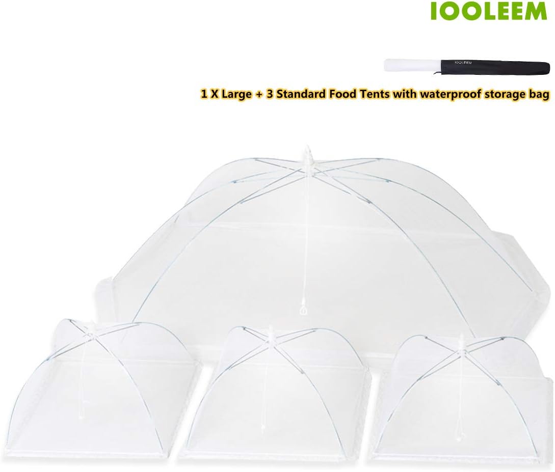 IOOLEEM (Pack of 4) Mesh Food Tents/Food Covers for Outdoors / 1 Storage Bag, 1 XL (49x27x17) and 3 Standard (17x17x9) / 100% Complete Bug Protection/Strenthened Structure