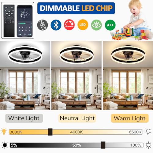 OMGPFR Reversible Ceiling Fan Silent Remote Control 6 Speeds Bedroom Ceiling Fan with Modern Light Living Room 24 W Dimmable LED Ceiling Fan, Gold 50 cm