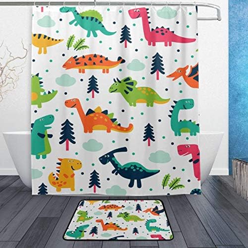 Cute Dinosaurs Cartoon 3-Piece Bathroom Set, Machine Washable for Everyday Use,Includes 60x72 Inch Waterproof Shower Curtain, 12 Shower Hooks and 1 Non-Slip Bathroom Rug Carpet - Set of