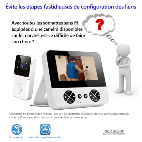 Sonnette sans Fil avec Caméra 1080P Étanche IP65, écran 4,3 Pouces, Communication Bidirectionnelle, Vision Nocturne Infrarouge, sans Application Ni Wi-FI, Compatible avec Les Cartes TF