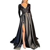 WilFiks Long Sleeve Formal Dresses for Women 2026 Long Satin Sequin Prom Dress Ball Gowns V Neck Bridesmaid Dress with Slit