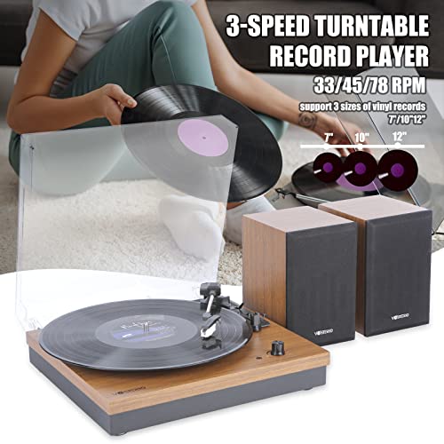 Vosterio Bluetooth Vinyl Turntable with 2 Stereo Speakers, Wood Retro Turntable Turntable, 3 Speeds 33, 45 and 78 RPM, RCA Output, Aux-in
