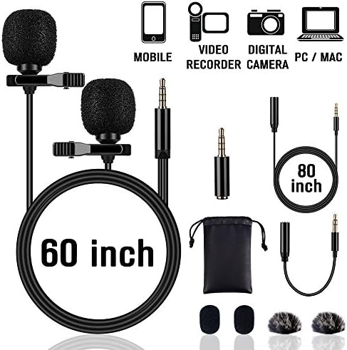 Lapel Microphone Lavalier Professional Grade Condenser Omnidirectional Noise Cancelling Clip-on Speaker Mic for Apple iPhone iPad Mac Android Smartphones Interview Video Recording