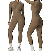 AEEZO Womens Long Sleeve Workout Jumpsuit Zip Up Yoga Rompers Sexy Tummy Control One Piece Bodycon Bottom Pants