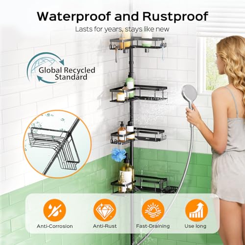 HAMITOR 4-Tier Rustproof Tension Pole Shower Caddy - No-Drill Corner Bathroom Organizer with Hooks & Soap Holder, Adjustable 47-123 Inch Black