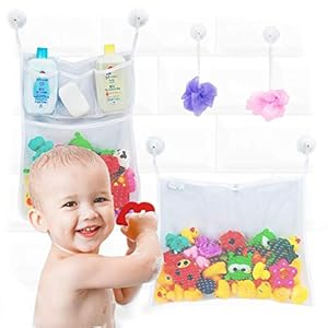 2 x Mesh Bath Toy Organizer + 6 Ultra Strong Hooks – The Perfect Bathtub Toy Holder & Bathroom or Shower Caddy – These…