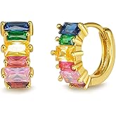 Dainty Chunky Rainbow Cubic Zirconia 14K Gold Plated Small Cartilage Cuff Hoop Earrings for Women Teen Girls Fashion 925 Sterling Silver Post Multicolored CZ Tiny Round Circle Sleeper Tragus Thick