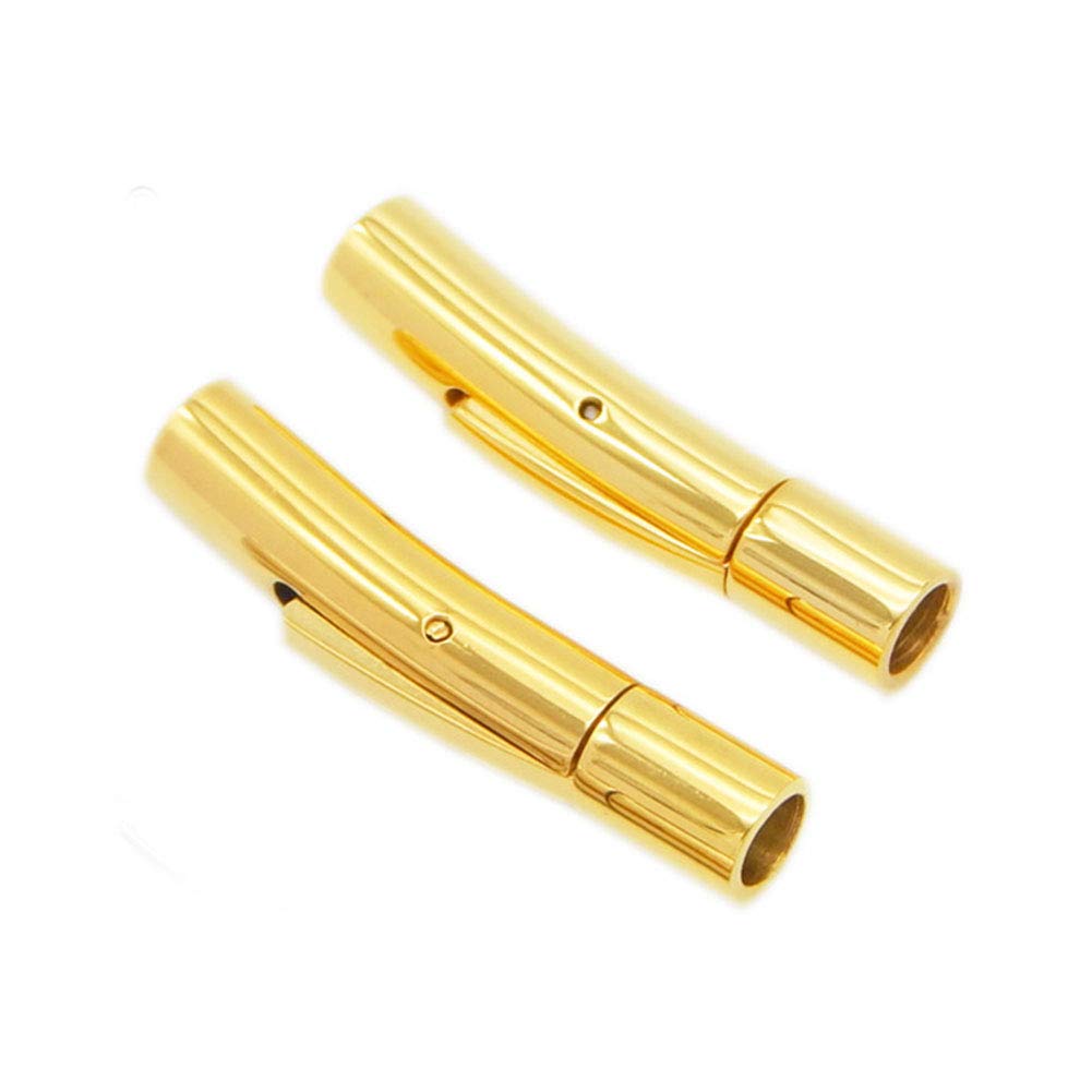 AKOAK Stainless Steel Jewelry Connector 2/4/6 mm Hole Tube Hook Clasps for DIY Leather Cord Bracelet Necklace Cord Ends Snap Lock,Pack of 2 (Gold, 4 mm)