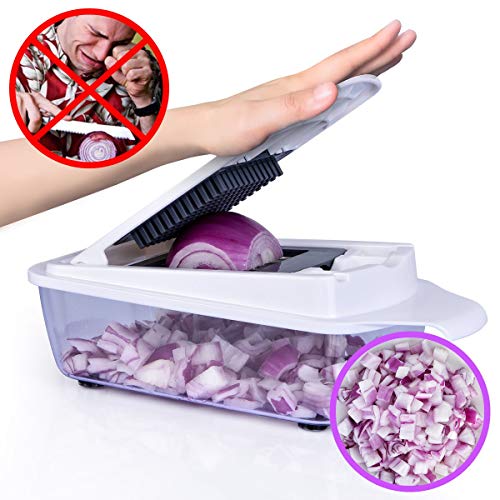 Vegetable Chopper, Ommani Onion Chopper 12 in 1 of Less Vapor, Professional 420 Detachable Blades Vegetable Slicer Cutter, 1.5 Liters Large Container/Finger Guard/Brush, Easy to Clean, BPA Free