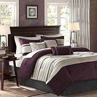 Madison Park - Palmer 7 Piece Comforter Set - Plum - King - Pieced Microsuede - Includes 1 Comforter, 3 Decorative Pillows, 1 Bed Skirt, 2 Shams