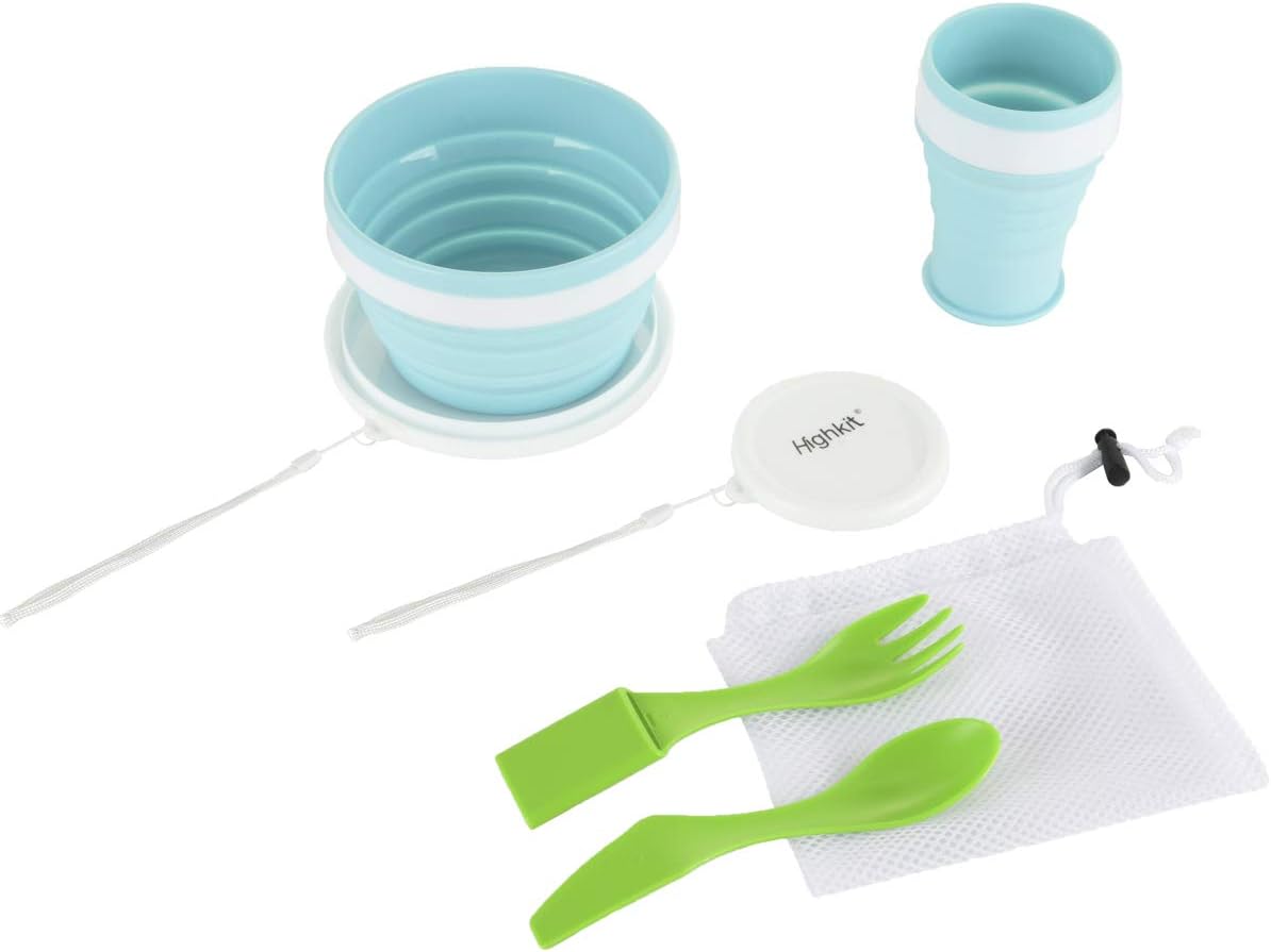 Highkit Reusable Camping Dinner Set with Spoon and Fork.Portable Silicone Collapsible Bowl 950ml,X-Large Travel Folding Cup/Mug with Lid 350ml for Outdoor and Hiking