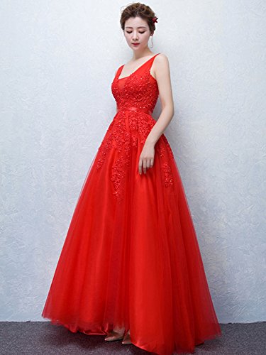 Women's Plunging V-Neck Lace Illusion Bridal Prom Evening Dress (Red,10)