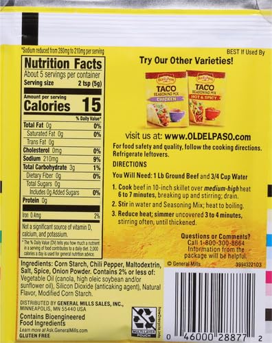 OLD EL PASO TACO SEASONING, 25% LESS SODIUM, 1 OZ.