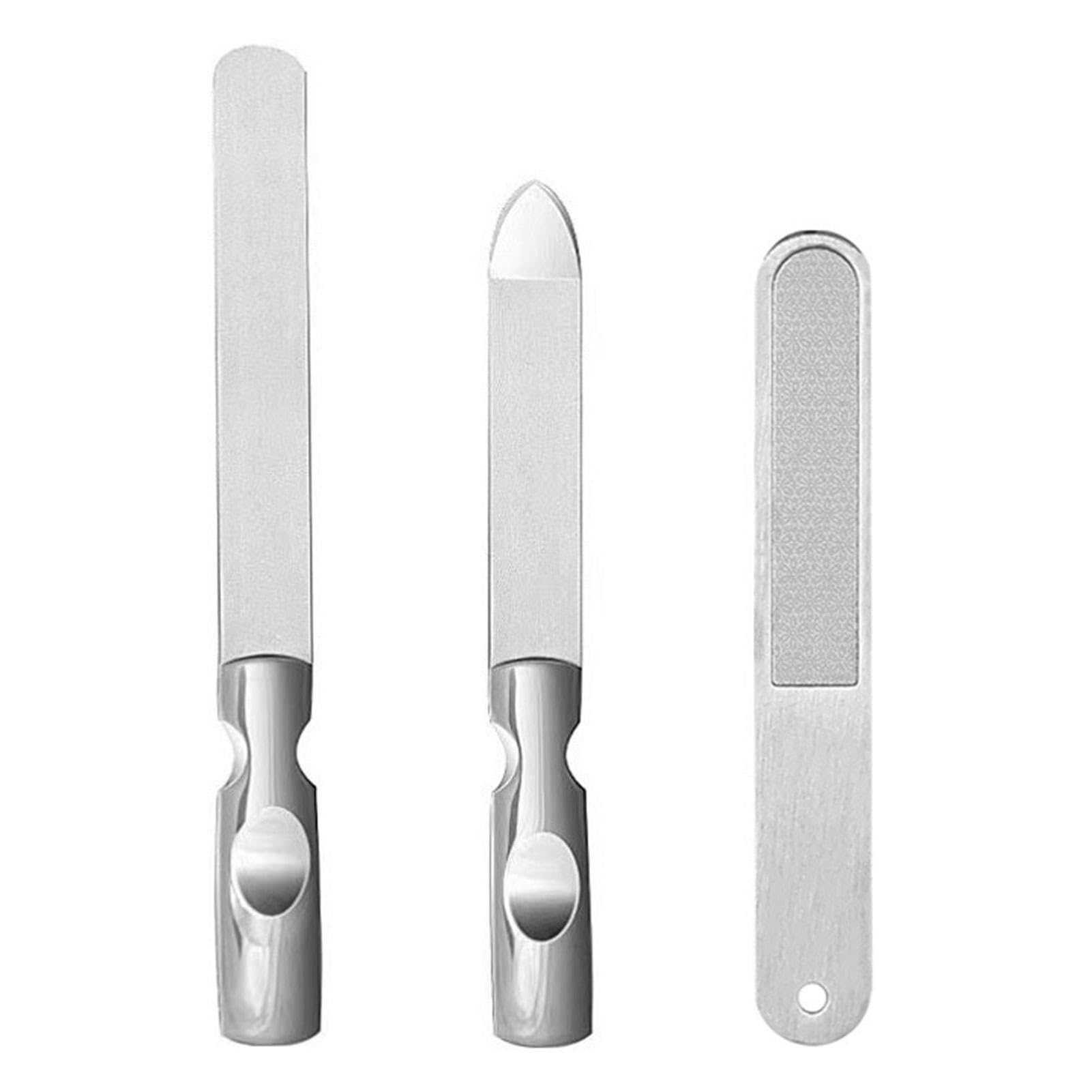 Nail Files, 3 Pcs Stainless Steel Nail Files, Reusable Double Sided Grits Nail File with Anti-Skid Handle, Professional Nail File Tools